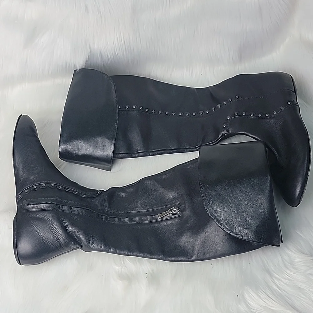 DIOR Agneaua Over The Knee Black Leather Designer Biker VTG Riding Flat Boots 40